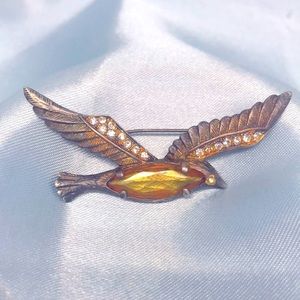 Pewter Sparrow Brooch with Amber Glass Body Rhinestone Accents